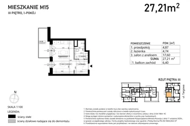 Rzut - Mieszkanie na sprzedaż 1 pokój o powierzchni 27,21 m² - numer M15 w Finezja