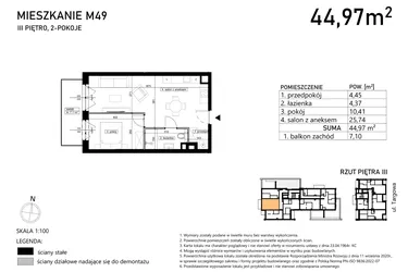 Rzut - Mieszkanie na sprzedaż 2 pokoje o powierzchni 44,97 m² - numer M49 w Finezja