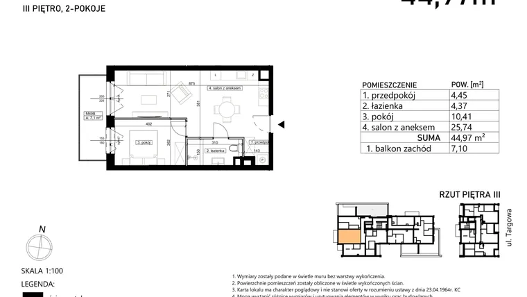 Rzut - Mieszkanie na sprzedaż 2 pokoje o powierzchni 44,97 m² - numer M49 w Finezja