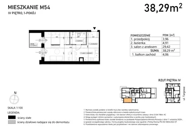 Rzut - Mieszkanie na sprzedaż 1 pokój o powierzchni 38,29 m² - numer M54 w Targowa 49