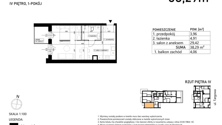 Rzut - Mieszkanie na sprzedaż 1 pokój o powierzchni 38,29 m² - numer M54 w Targowa 49