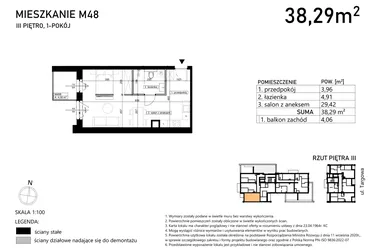 Rzut - Mieszkanie na sprzedaż 1 pokój o powierzchni 38,29 m² - numer M48 w Finezja