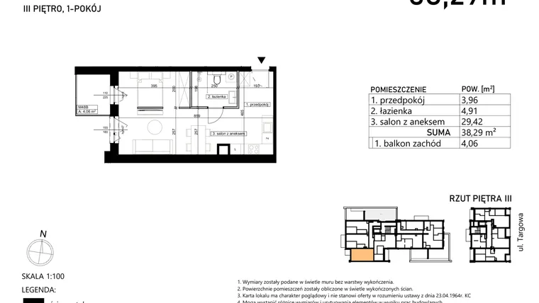 Rzut - Mieszkanie na sprzedaż 1 pokój o powierzchni 38,29 m² - numer M48 w Targowa 49