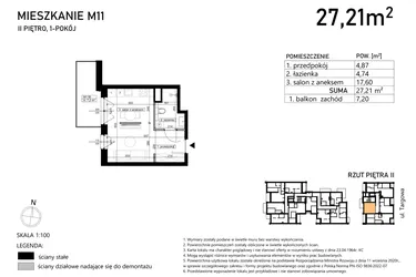 Rzut - Mieszkanie na sprzedaż 1 pokój o powierzchni 27,21 m² - numer M11 w Finezja