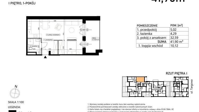Rzut - Mieszkanie na sprzedaż 1 pokój o powierzchni 41,9 m² - numer M33 w Finezja