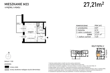 Rzut - Mieszkanie na sprzedaż 1 pokój o powierzchni 27,21 m² - numer M23 w Finezja