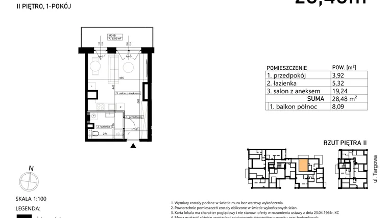 Rzut - Mieszkanie na sprzedaż 1 pokój o powierzchni 28,48 m² - numer M34 w Finezja
