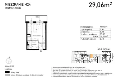 Rzut - Mieszkanie na sprzedaż 1 pokój o powierzchni 29,06 m² - numer M24 w Targowa 49