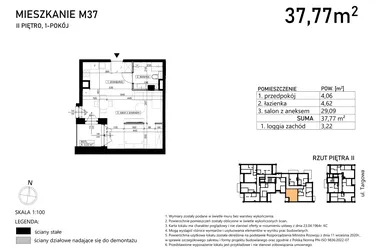 Rzut - Mieszkanie na sprzedaż 1 pokój o powierzchni 37,77 m² - numer M37 w Finezja