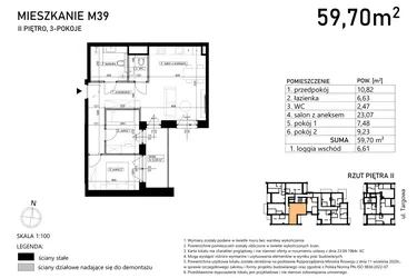 Rzut - Mieszkanie na sprzedaż 3 pokoje o powierzchni 59,7 m² - numer M39 w Finezja