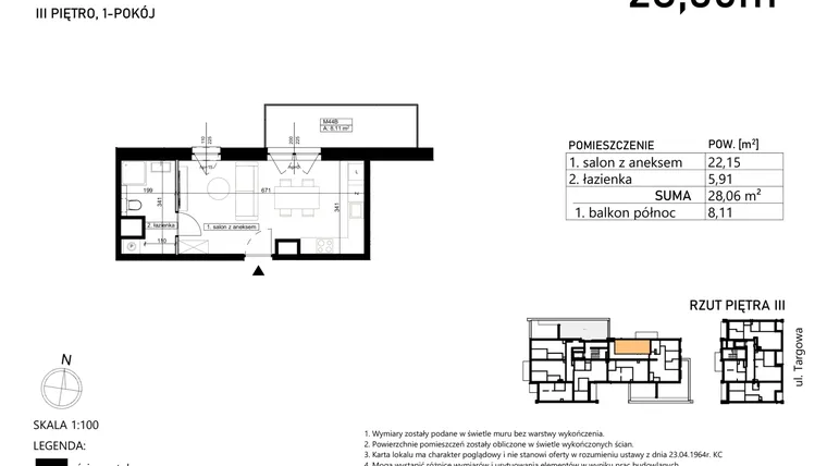Rzut - Mieszkanie na sprzedaż 1 pokój o powierzchni 28,06 m² - numer M44 w Finezja