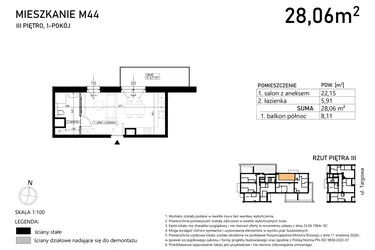 Rzut - Mieszkanie na sprzedaż 1 pokój o powierzchni 28,06 m² - numer M44 w Targowa 49
