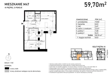 Rzut - Mieszkanie na sprzedaż 3 pokoje o powierzchni 59,7 m² - numer M47 w Finezja