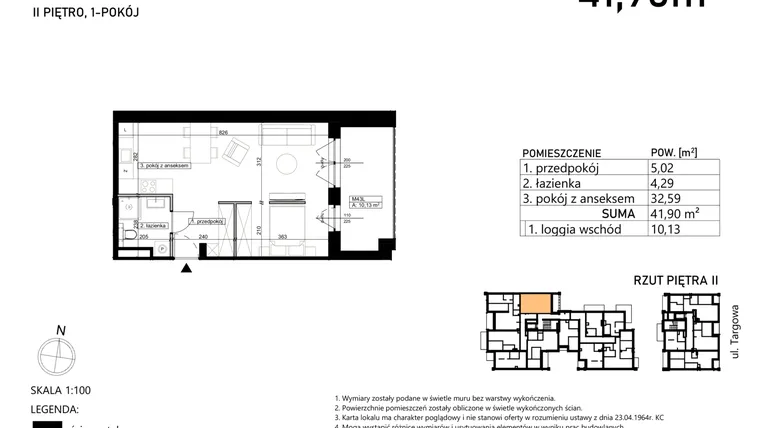 Rzut - Mieszkanie na sprzedaż 1 pokój o powierzchni 41,9 m² - numer M43 w Targowa 49