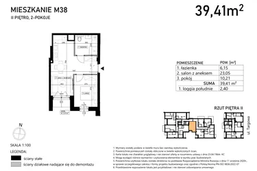 Rzut - Mieszkanie na sprzedaż 2 pokoje o powierzchni 39,41 m² - numer M38 w Finezja