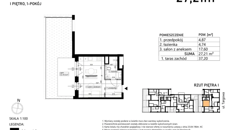 Rzut - Mieszkanie na sprzedaż 1 pokój o powierzchni 27,21 m² - numer M7 w Finezja