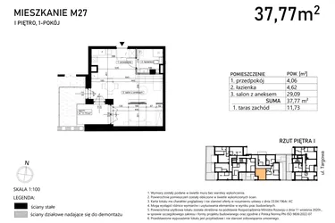 Rzut - Mieszkanie na sprzedaż 1 pokój o powierzchni 37,77 m² - numer M27 w Targowa 49