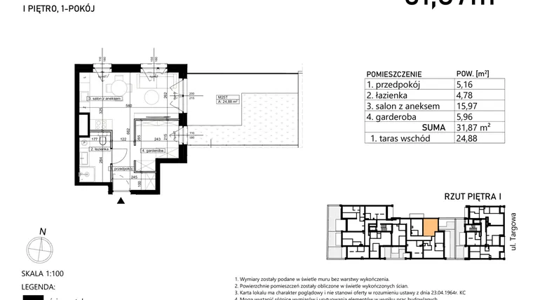 Rzut - Mieszkanie na sprzedaż 1 pokój o powierzchni 31,87 m² - numer M25 w Finezja
