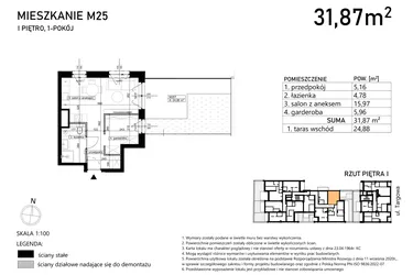 Rzut - Mieszkanie na sprzedaż 1 pokój o powierzchni 31,87 m² - numer M25 w Targowa 49