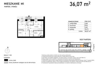 Rzut - Mieszkanie na sprzedaż 1 pokój o powierzchni 36,07 m² - numer M1 w Targowa 49