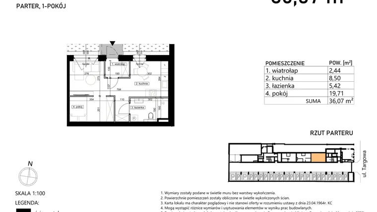 Rzut - Mieszkanie na sprzedaż 1 pokój o powierzchni 36,07 m² - numer M1 w Targowa 49