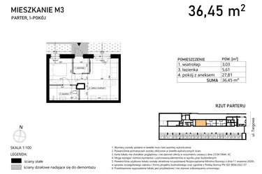 Rzut - Mieszkanie na sprzedaż 1 pokój o powierzchni 36,45 m² - numer M3 w Targowa 49