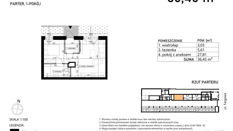 Rzut - Mieszkanie na sprzedaż 1 pokój o powierzchni 36,45 m² - numer M3 w Targowa 49