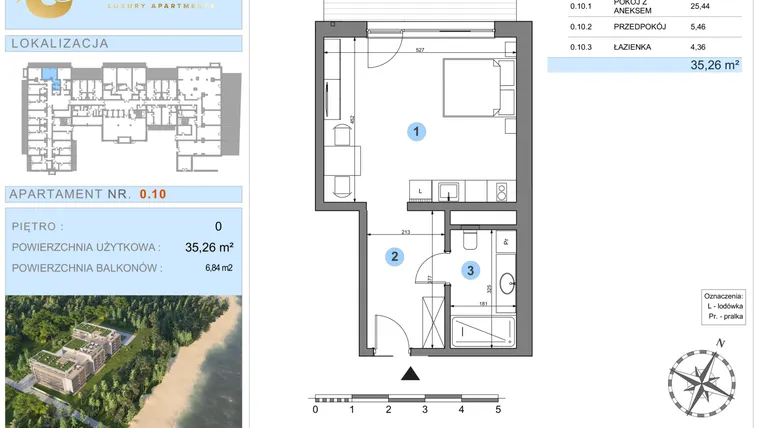 Rzut - Mieszkanie na sprzedaż 1 pokój o powierzchni 35,26 m² - numer 0.10 w Ustronie Luxury Apartments