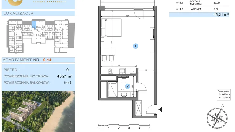 Rzut - Mieszkanie na sprzedaż 1 pokój o powierzchni 45,21 m² - numer 0.14 w Ustronie Luxury Apartments