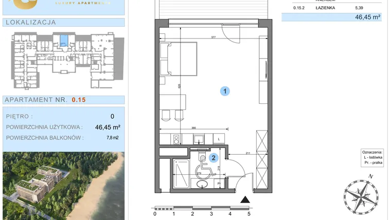Rzut - Mieszkanie na sprzedaż 1 pokój o powierzchni 46,45 m² - numer 0.15 w Ustronie Luxury Apartments