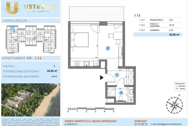 Rzut - Mieszkanie na sprzedaż 1 pokój o powierzchni 35,55 m² - numer 1.13 w Ustronie Luxury Apartments