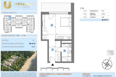 Rzut - Mieszkanie na sprzedaż 1 pokój o powierzchni 38,1 m² - numer 1.14 w Ustronie Luxury Apartments