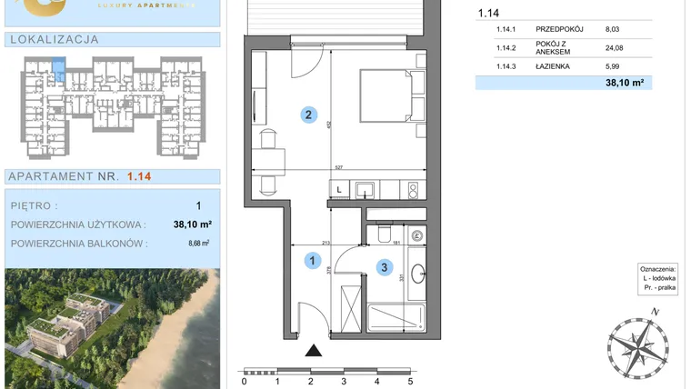 Rzut - Mieszkanie na sprzedaż 1 pokój o powierzchni 38,1 m² - numer 1.14 w Ustronie Luxury Apartments