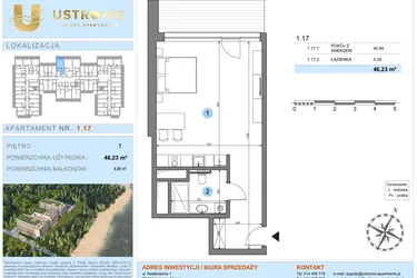 Rzut - Mieszkanie na sprzedaż 1 pokój o powierzchni 46,23 m² - numer 1.17 w Ustronie Luxury Apartments
