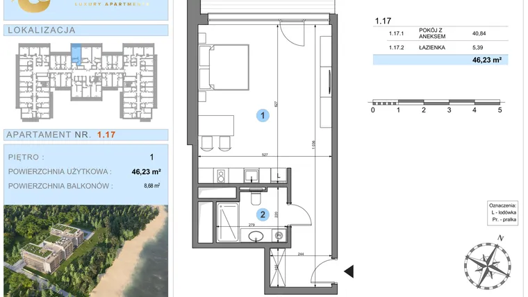 Rzut - Mieszkanie na sprzedaż 1 pokój o powierzchni 46,23 m² - numer 1.17 w Ustronie Luxury Apartments