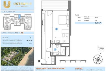 Rzut - Mieszkanie na sprzedaż 1 pokój o powierzchni 46,18 m² - numer 1.19 w Ustronie Luxury Apartments
