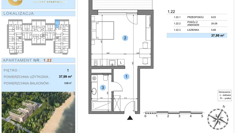 Rzut - Mieszkanie na sprzedaż 1 pokój o powierzchni 37,99 m² - numer 1.22 w Ustronie Luxury Apartments