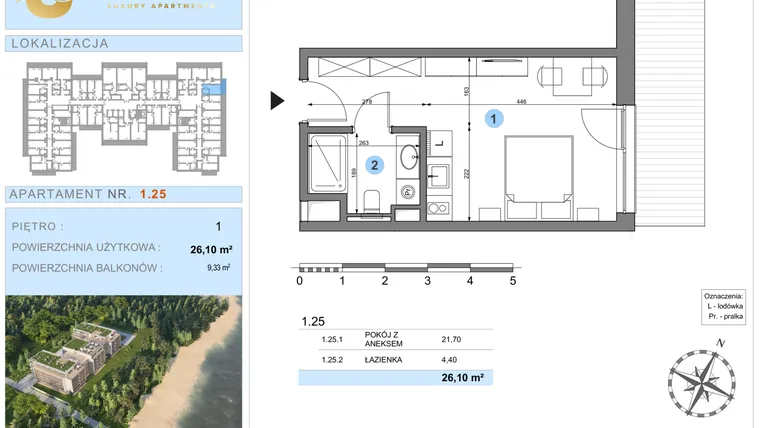 Rzut - Mieszkanie na sprzedaż 1 pokój o powierzchni 26,1 m² - numer 1.25 w Ustronie Luxury Apartments