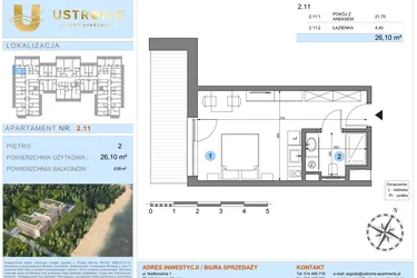Rzut - Mieszkanie na sprzedaż 1 pokój o powierzchni 26,1 m² - numer 2.11 w Ustronie Luxury Apartments