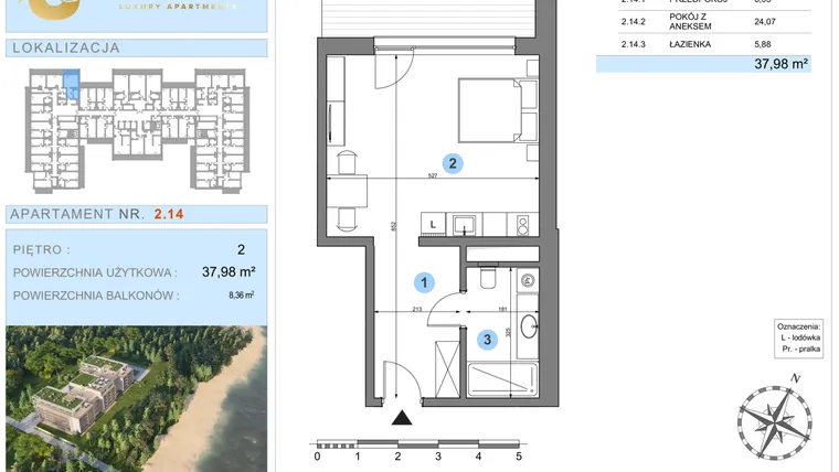 Rzut - Mieszkanie na sprzedaż 1 pokój o powierzchni 37,98 m² - numer 2.14 w Ustronie Luxury Apartments