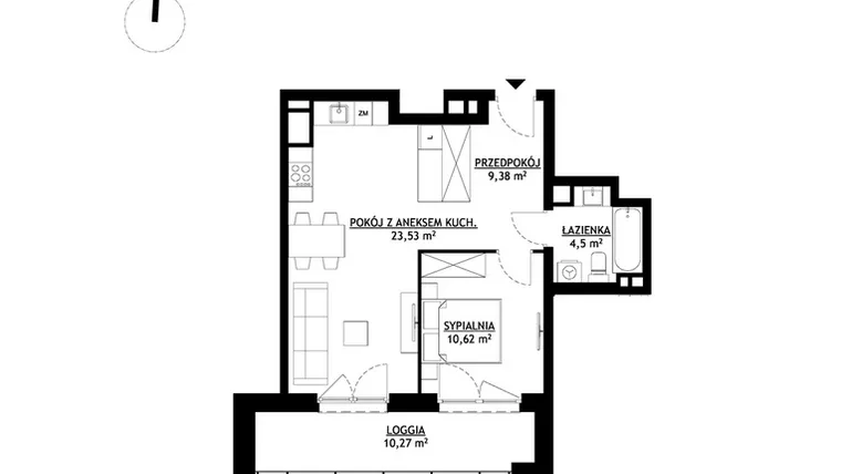 Rzut - Mieszkanie na sprzedaż 2 pokoje o powierzchni 48,03 m² - numer A1 w FUTURO