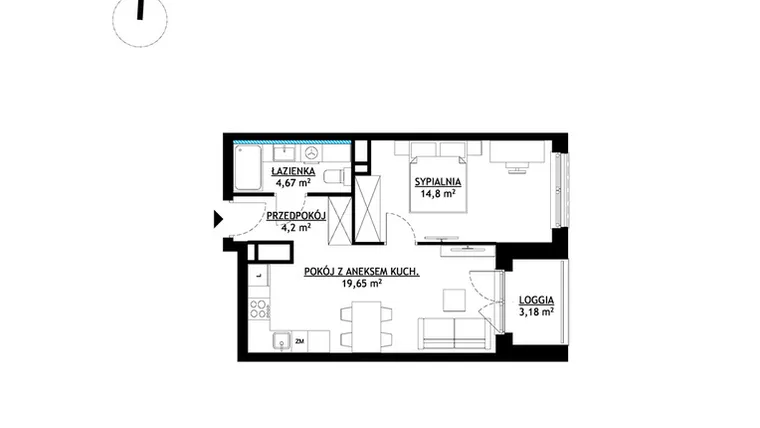 Rzut - Mieszkanie na sprzedaż 2 pokoje o powierzchni 43,32 m² - numer A8 w FUTURO