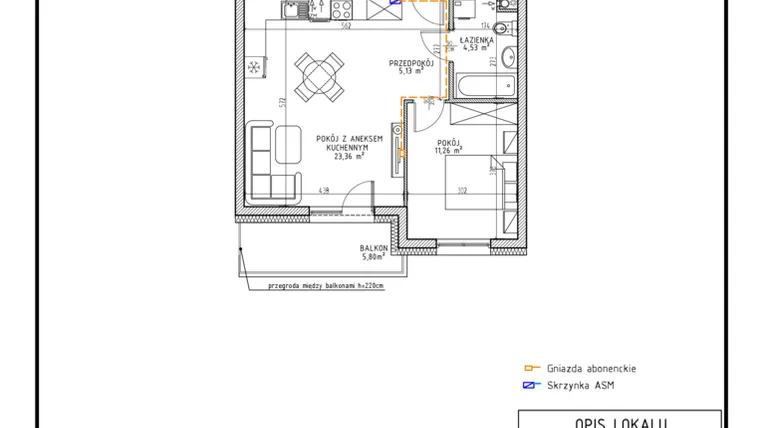 Rzut - Mieszkanie na sprzedaż 2 pokoje o powierzchni 44,28 m² - numer M1 w Osiedle Foresto etap 2
