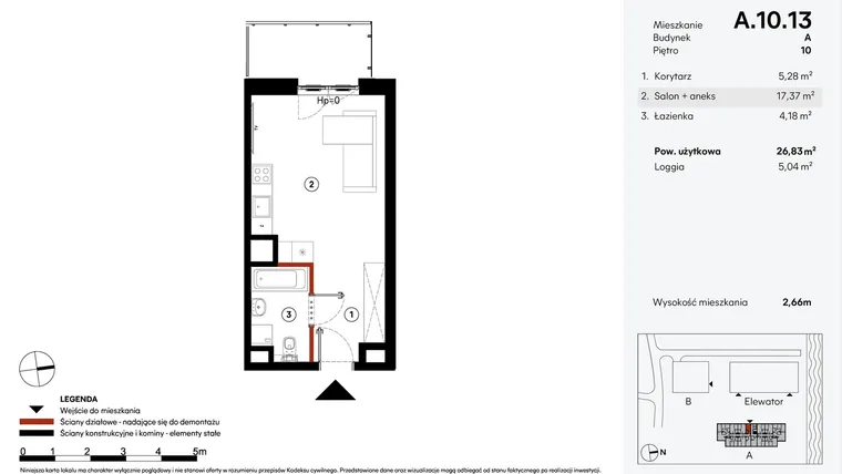 Rzut - Mieszkanie na sprzedaż 1 pokój o powierzchni 26,83 m² - numer A.10.13 w Elewator - Mieszkania i Lofty