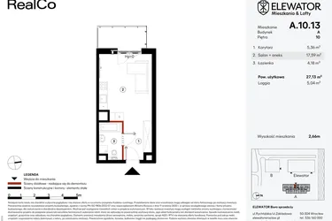 Rzut - Mieszkanie na sprzedaż 1 pokój o powierzchni 27,13 m² - numer A.10.13 w Elewator - Mieszkania i Lofty