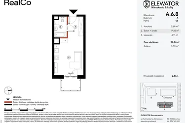 Rzut - Mieszkanie na sprzedaż 1 pokój o powierzchni 27,04 m² - numer A.6.8 w Elewator - Mieszkania i Lofty