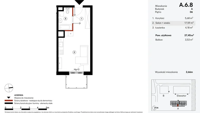 Rzut - Mieszkanie na sprzedaż 1 pokój o powierzchni 27,45 m² - numer A.6.8 w Elewator - Mieszkania i Lofty