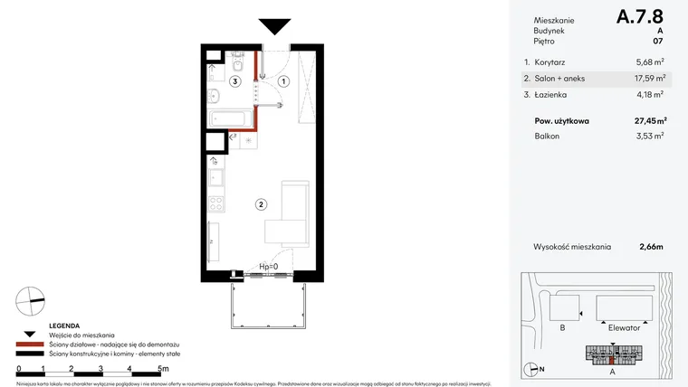 Rzut - Mieszkanie na sprzedaż 1 pokój o powierzchni 27,45 m² - numer A.7.8 w Elewator - Mieszkania i Lofty