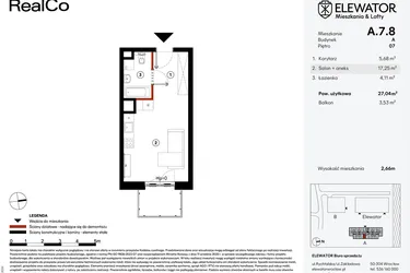 Rzut - Mieszkanie na sprzedaż 1 pokój o powierzchni 27,04 m² - numer A.7.8 w Elewator - Mieszkania i Lofty