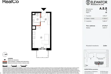 Rzut - Mieszkanie na sprzedaż 1 pokój o powierzchni 27,24 m² - numer A.8.8 w Elewator - Mieszkania i Lofty
